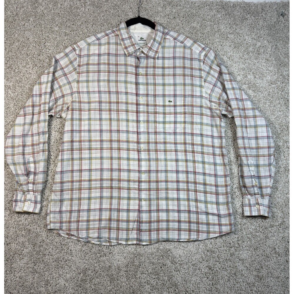 Lacoste Plaid Button Shirt Mens 45 XL White Multicolor Cotton Long Sleeve